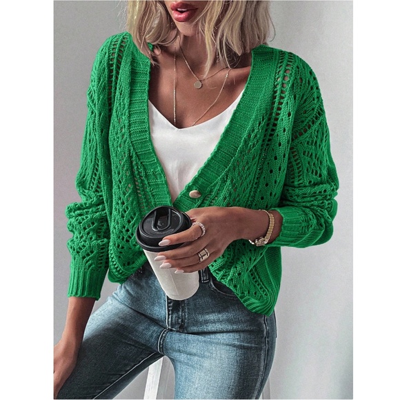 V-Cut Buttoned Green Light Cardigan Textured, Long Sleeve - Picture 3 of 8